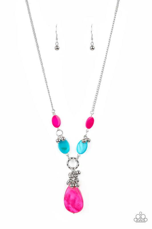 Oval blue and pink shell-like beads link with pairs of dainty silver beads below the collar. A cluster of shiny silver beads and oversized pink shell-like teardrop swings from the bottom, creating a vibrant summer inspired pendant. Features an adjustable clasp closure.  Sold as one individual necklace. Includes one pair of matching earrings.