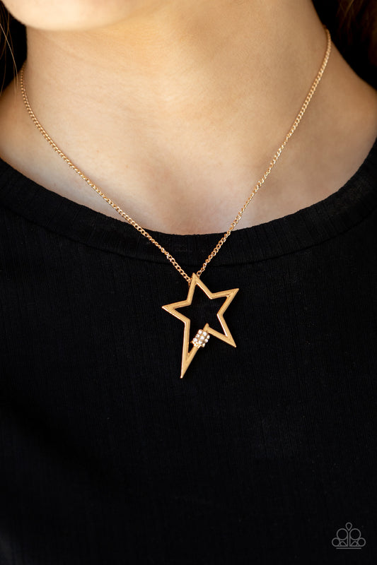 Infused with a dainty white rhinestone beaded accent, a striking gold star glides along a shiny gold chain below the collar, creating a stellar pendant. Features an adjustable clasp closure.  Sold as one individual necklace. Includes one pair of matching earrings.
