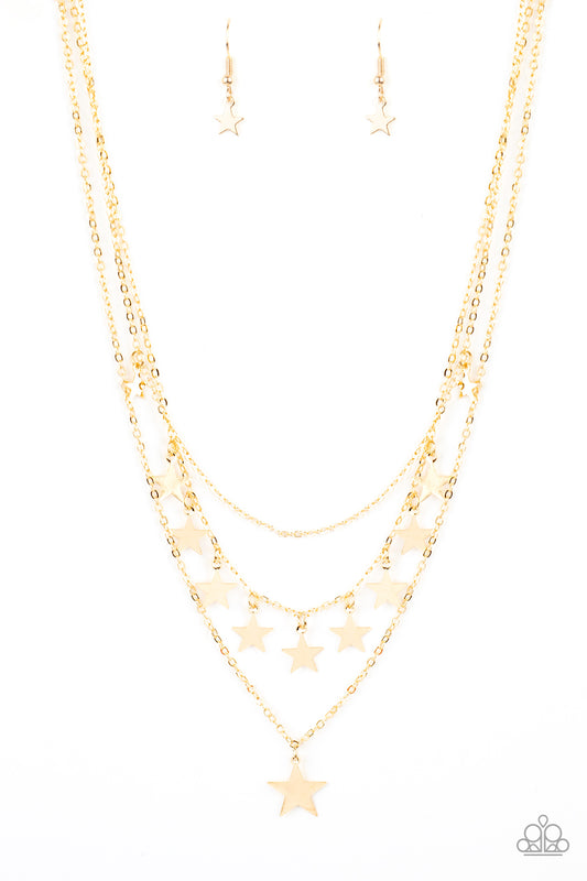 Haphazardly dotted in shiny gold star charms, three dainty gold chains layer below the collar for a stellar look. Features an adjustable clasp closure.  Sold as one individual necklace.