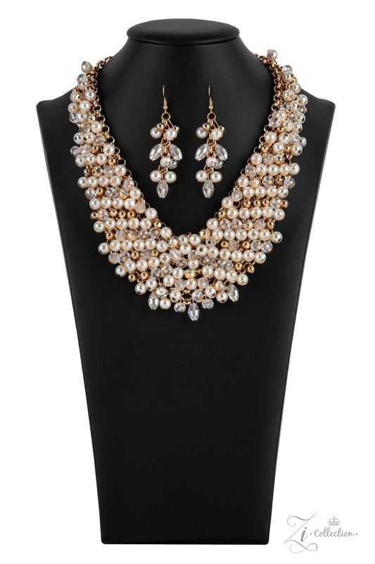 Mesmerizingly mismatched crystal-like beads, white pearls, and classic white rhinestones delicately attach to a golden chain net below the collar. Jampacked with noise-making shimmer, the effervescently clustered fringe dances with each movement for an elegantly bubbly finish. Features an adjustable clasp closure.  Sold as one individual necklace. Includes one pair of matching earrings.