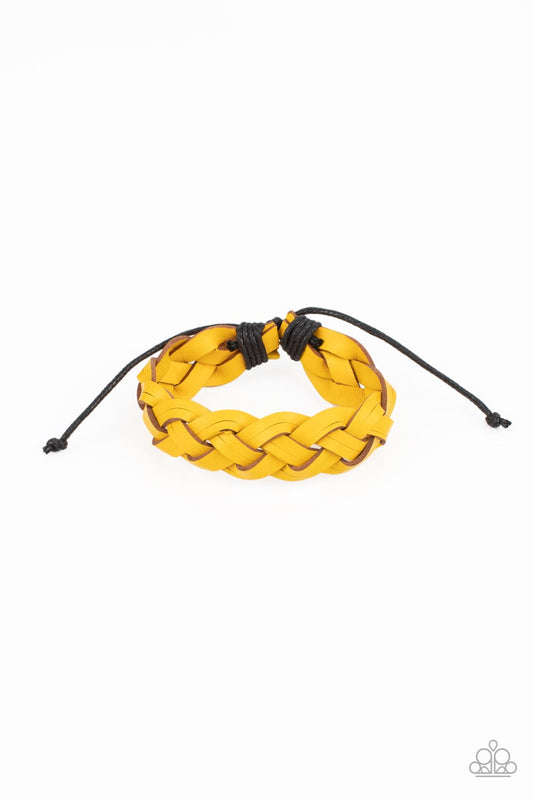 Strappy strands of yellow leather are braided together for a trendy seasonal fashion around the wrist. Features an adjustable sliding knot closure.  Sold as one individual bracelet.