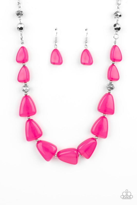 Infused with dainty silver and faceted silver beads, imperfect triangular opaque Fuchsia Fedora beads are threaded along an invisible wire below the collar for a vivacious pop of color. Features an adjustable clasp closure.  Sold as one individual necklace. Includes one pair of matching earrings.