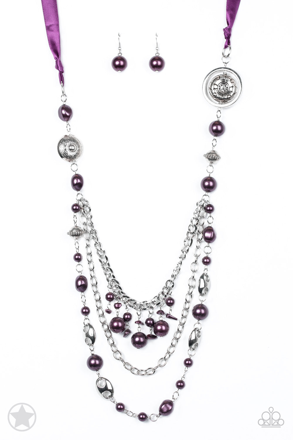A silky purple ribbon replaces a traditional chain to create a timeless look. Pearly deep purple beads and funky silver pieces intermix with varying lengths of silver chains to give a fresh take on a Victorian-inspired piece.   Sold as one individual necklace. Includes one pair of matching earrings.