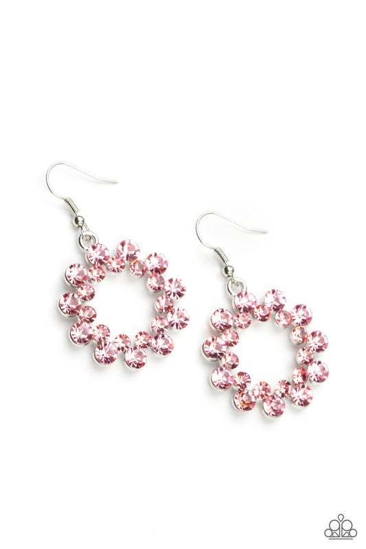 A ring of classic Pale Rosette rhinestones flare out from a dainty ring of Pale Rosette rhinestones, coalescing into a bubbly and sparkly hoop. Earring attaches to a standard fishhook fitting.  Sold as one pair of earrings.