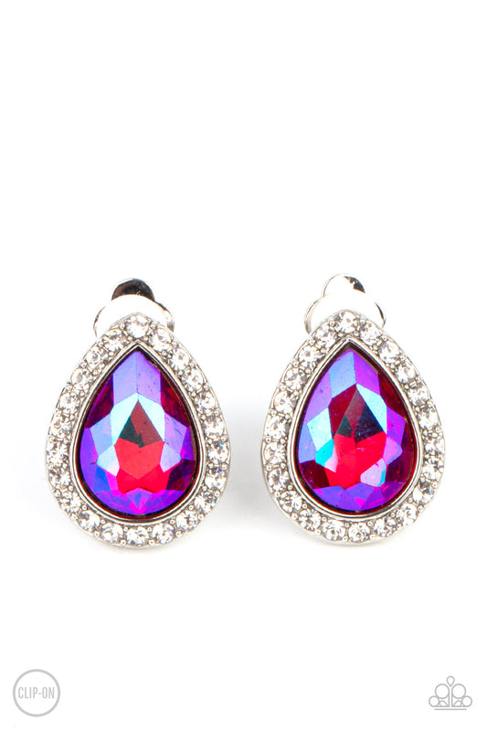 Featuring a flashy UV finish, a faceted pink teardrop gem is pressed into a silver frame bordered with glittery white rhinestones for a glamorous finish. Earring attaches to a standard clip-on fitting.  Sold as one pair of clip-on earrings.
