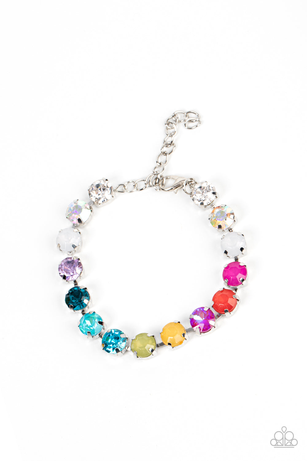 Encased in classic silver pronged fittings, an oversized display of dewy, iridescent, and classic multicolored rhinestones delicately links around the wrist for a dreamy dazzle. Features an adjustable clasp closure.  Sold as one individual bracelet.