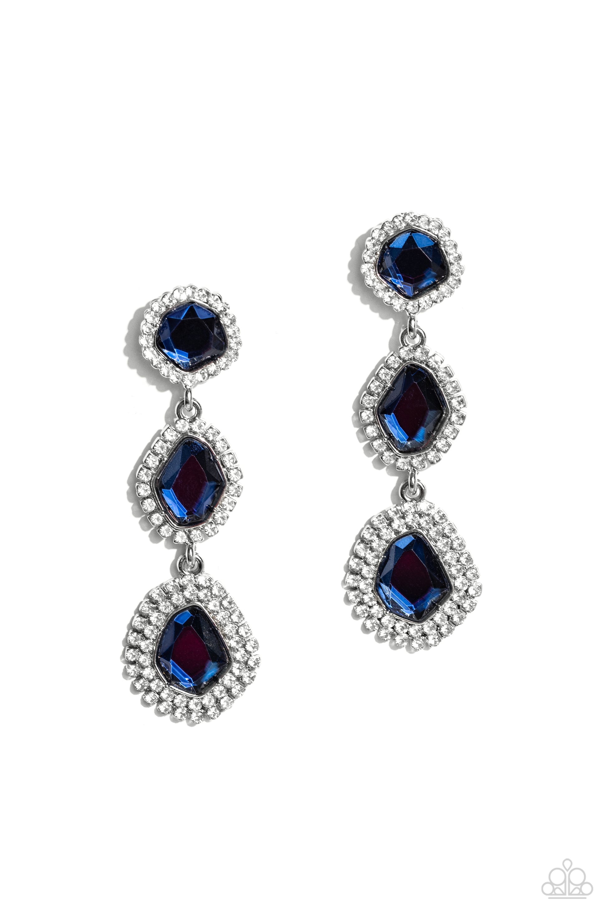  Bordered in dainty white rhinestones, a trio of imperfect Mykonos Blue gems delicately link into a dazzling lure. Earring attaches to a standard post fitting.  Sold as one pair of post earrings.