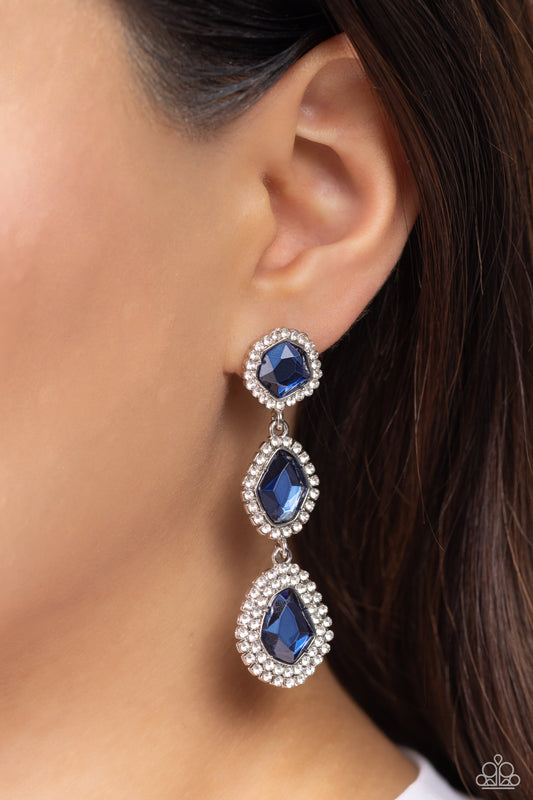Bordered in dainty white rhinestones, a trio of imperfect Mykonos Blue gems delicately link into a dazzling lure. Earring attaches to a standard post fitting.  Sold as one pair of post earrings.