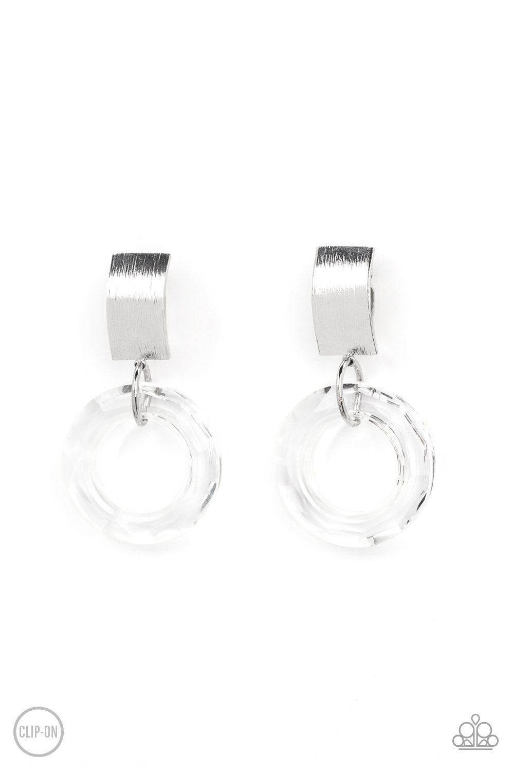 A faceted acrylic ring links to the bottom of a curved silver plate, creating a modern lure. Earring attaches to a standard clip-on fitting.  Sold as one pair of clip-on earrings.   Clip On Earring