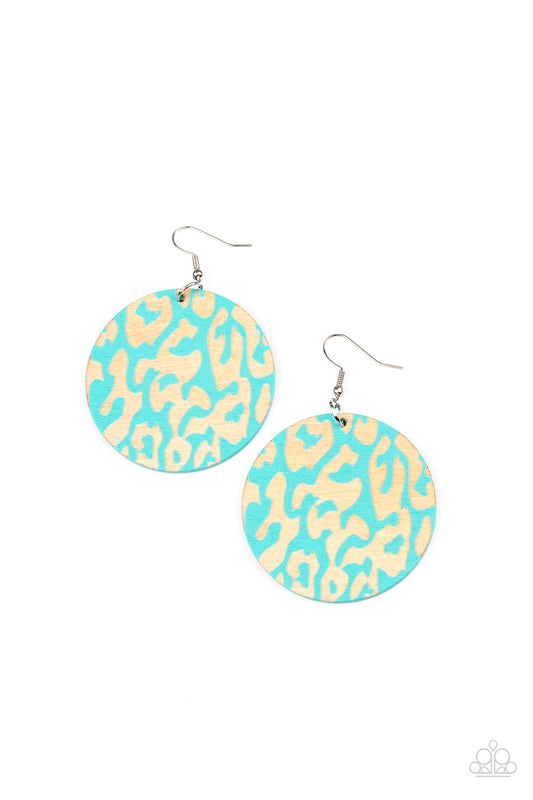 The front of a blue wooden disc is chiseled away, revealing a colorful cheetah-like pattern for a wild fashion. Earring attaches to a standard fishhook fitting.  Sold as one pair of earrings.