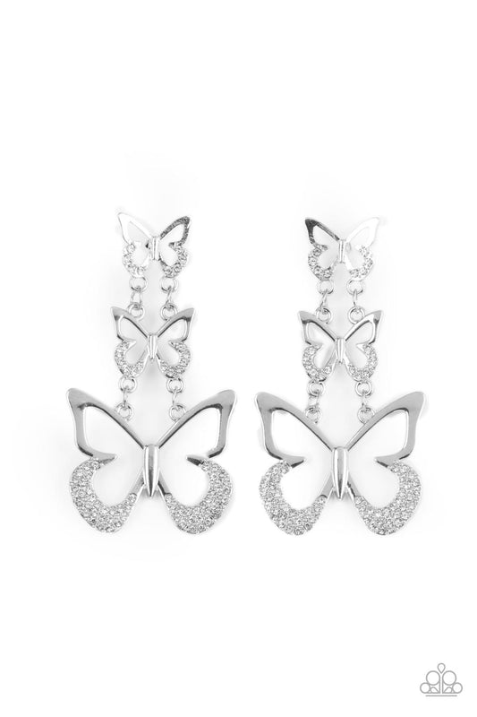An airy trio of silver butterflies gradually increase in size as they link into a whimsical lure. The bottom of each butterfly has been dipped in white rhinestones, adding a glitzy finish to the fluttering centerpiece. Earring attaches to a standard post fitting.  Sold as one pair of post earrings.