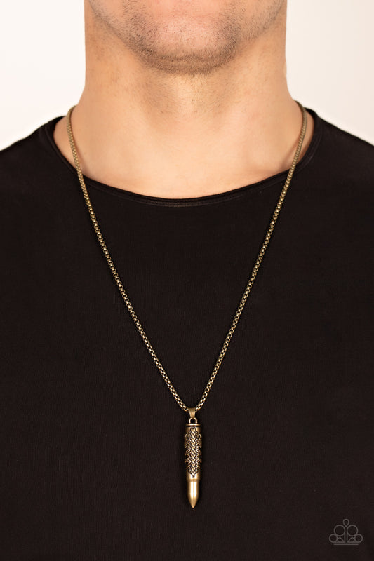 Wrapped in a tribal inspired motif, a rustic bullet-like pendant swings from the bottom of a rounded strand of brass box chain for a rustic look. Features an adjustable clasp closure.  Sold as one individual necklace.