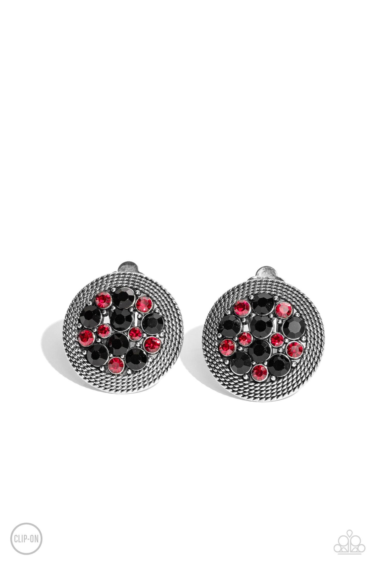 A glitzy collection of red and black rhinestones are encircled with a silver rope-like border, resulting in a smoldering centerpiece. Earring attaches to a standard clip-on fitting.  Sold as one pair of clip-on earrings.   Clip On Earring