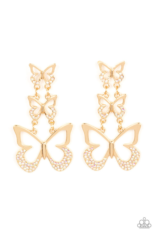 An airy trio of gold butterflies gradually increase in size as they link into a whimsical lure. The bottom of each butterfly has been dipped in iridescent rhinestones, adding a glitzy finish to the fluttering centerpiece. Earring attaches to a standard fishhook fitting.  Sold as one pair of post earrings.