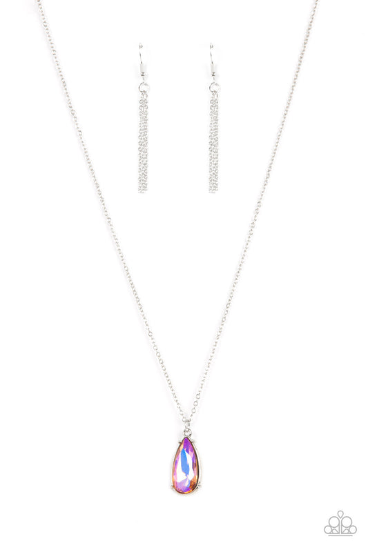 Encased in a shiny silver fitting, an iridescent teardrop gem glides along a dainty silver chain below the collar for a stellar fashion. Features an adjustable clasp closure.  Sold as one individual necklace. Includes one pair of matching earrings.