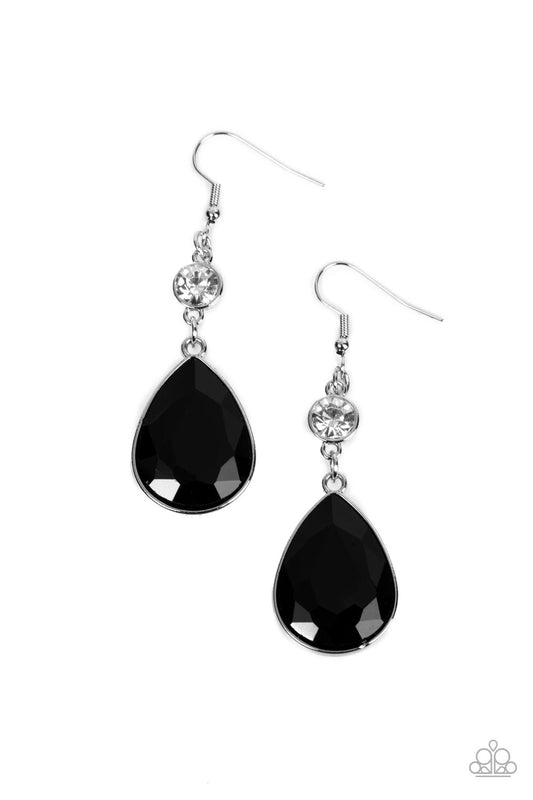 Encased in a sleek silver frame, a dramatically oversized black teardrop gem swings from a solitaire white rhinestone for an unapologetic sparkle. Earring attaches to a standard fishhook fitting.  Sold as one pair of earrings.