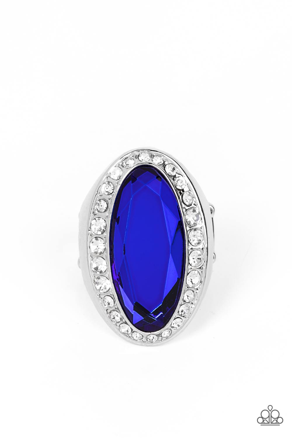 Bordered by a glitzy ring of white rhinestones, an oblong blue gem embellishes the center of a dramatically oversized silver frame for a blinding finish. Features a stretchy band for a flexible fit.  Sold as one individual ring.