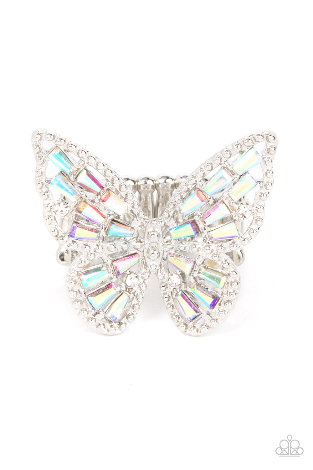 A glitzy collection of emerald cut iridescent rhinestones are sprinkled across the studded wings of a shiny silver butterfly, resulting in a whimsical centerpiece atop the finger. Features a stretchy band for a flexible fit.  Sold as one individual ring.