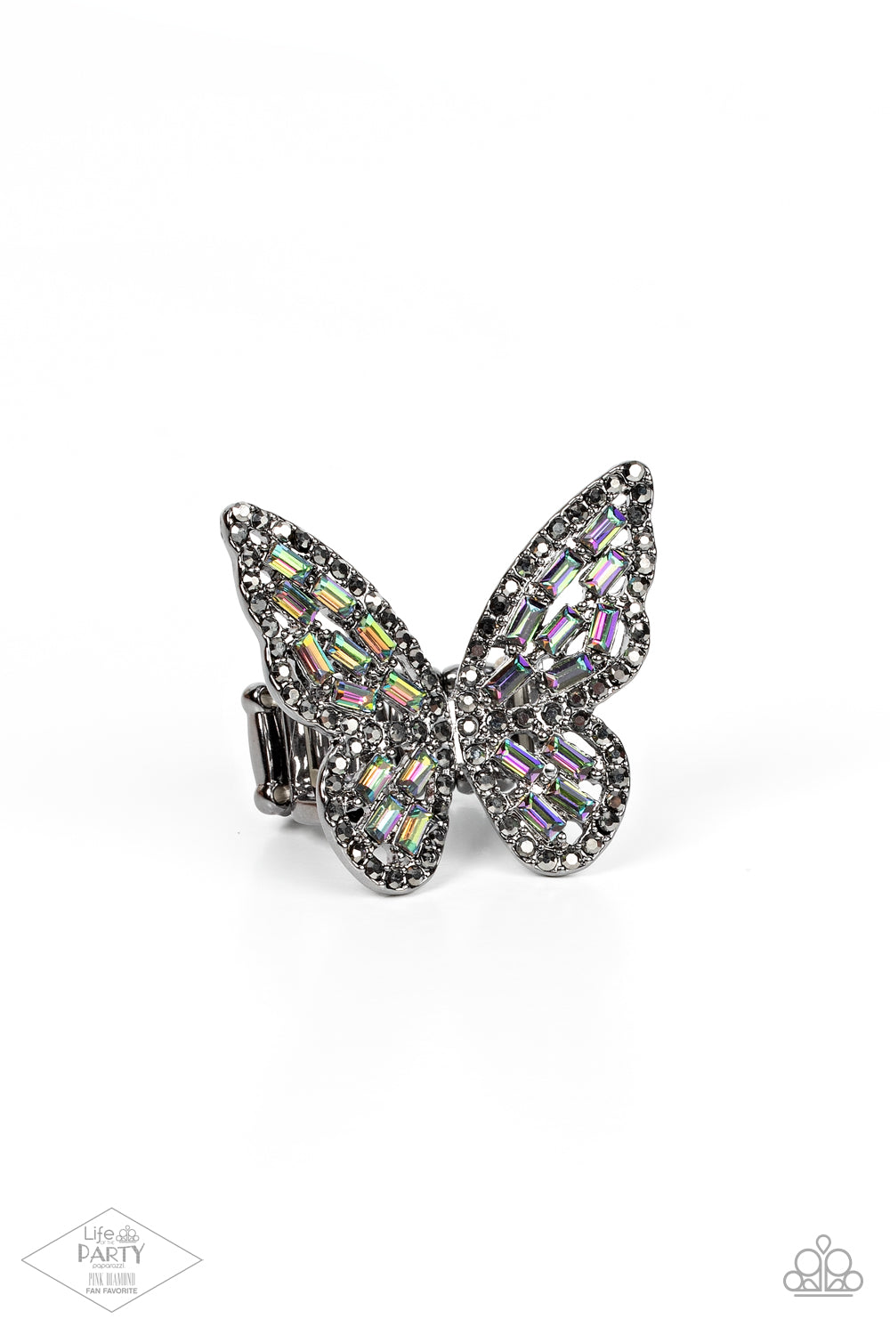 Dainty oil spill emerald-cut rhinestones are sprinkled across the gunmetal wings of a butterfly that is encrusted in dauntless hematite rhinestones for a dramatically dazzling finish. Features a stretchy band for a flexible fit.  Sold as one individual ring.