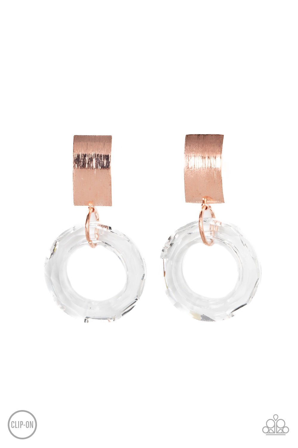 A faceted acrylic ring links to the bottom of a curved shiny copper plate, creating a modern lure. Earring attaches to a standard clip-on fitting.  Sold as one pair of clip-on earrings.   Clip On Earring