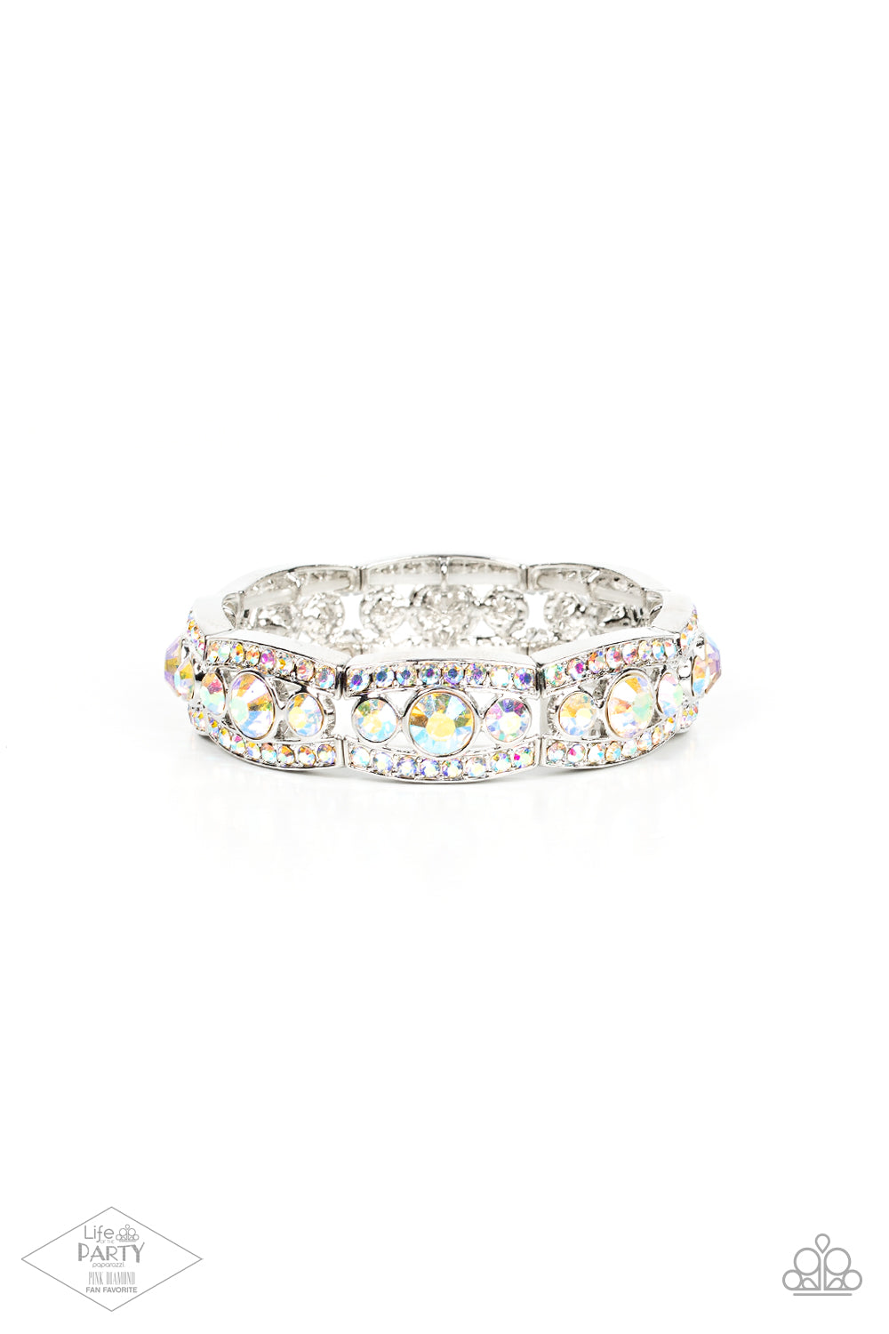 Iridescent rhinestone encrusted silver bars flank a dazzling trio of oversized iridescent rhinestones, coalescing into a glittery frame. The sparkly frames are threaded along stretchy bands around the wrist, creating an irresistible shimmer.  Sold as one individual bracelet.   FANFAVORITE