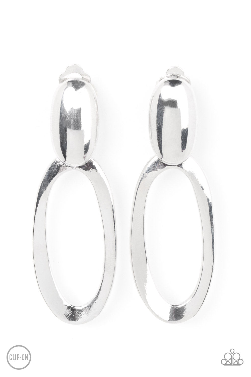 An asymmetrical silver oval hinges from the bottom of a spherical silver oval fitting, resulting in a radiant lure. Earring attaches to a standard clip-on fitting.  Sold as one pair of clip-on earrings.   Clip On Earring