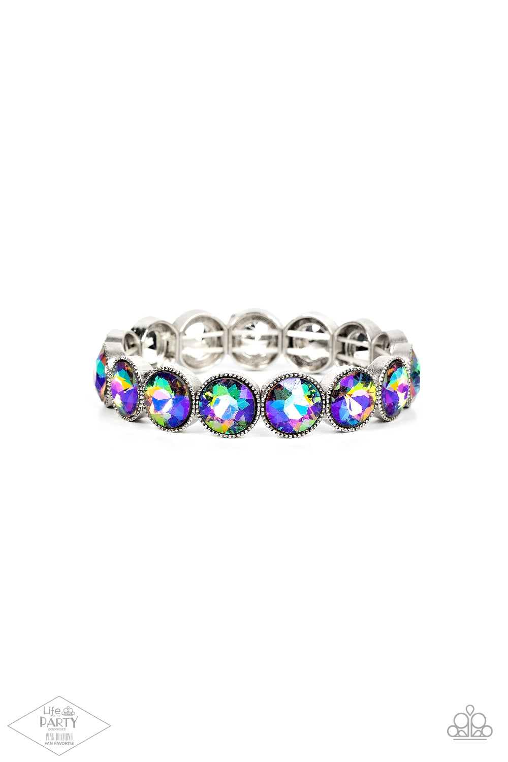 Faceted oil spill-like iridescent gems are pressed into sleek silver frames. The glittery frames are threaded along elastic stretchy bands, creating a glamorous look around the wrist.  Sold as one individual bracelet.