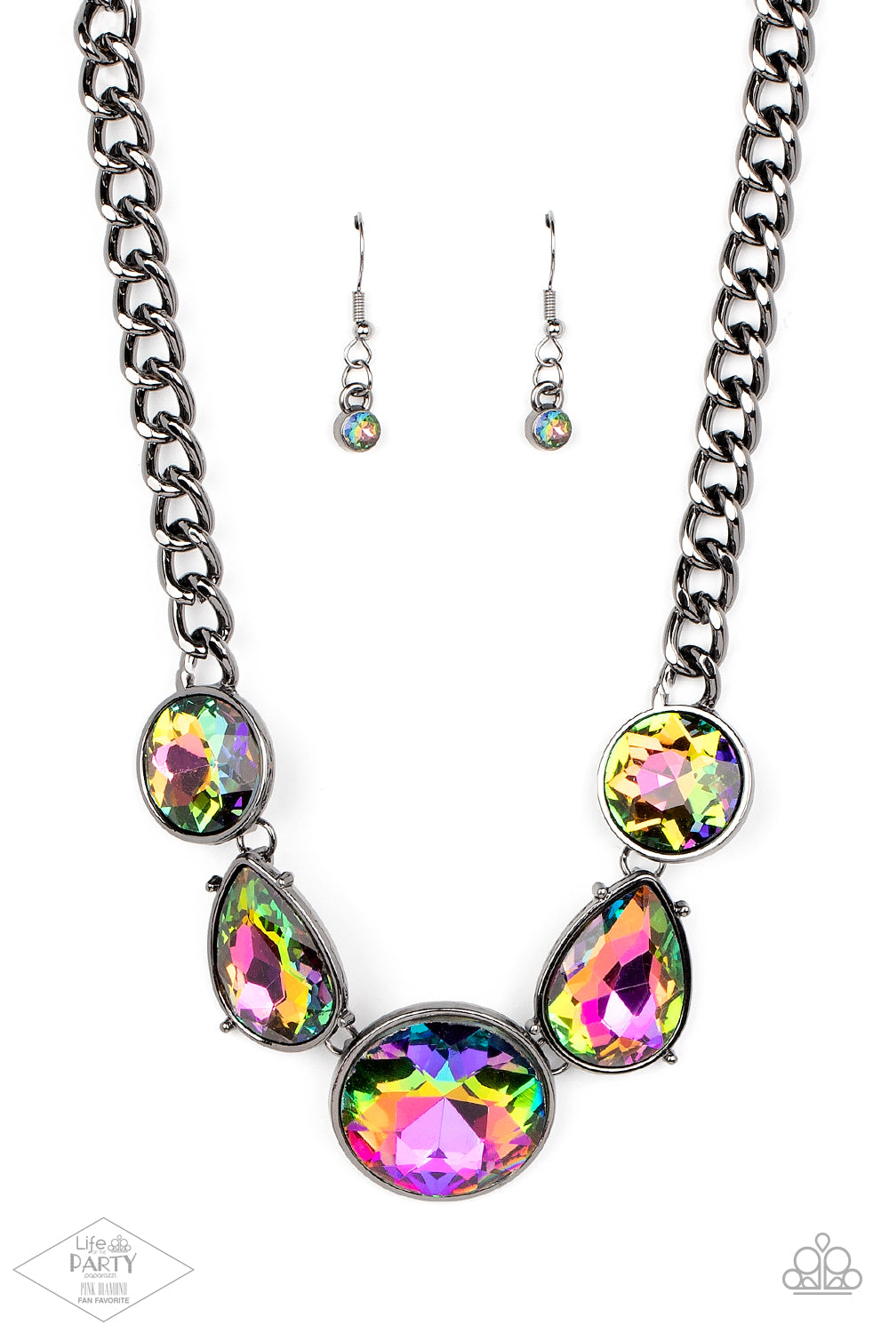 Infused with heavy gunmetal chain, an exaggerated display of round and teardrop-shaped oil spill rhinestones connects below the collar for a blinding look. Features an adjustable clasp closure.  Sold as one individual necklace. Includes one pair of matching earrings.