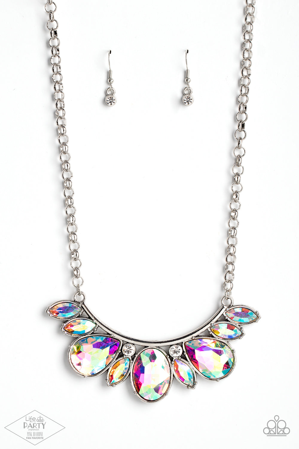 Infused with a pair of glassy white rhinestones, an oversized collection of marquise and teardrop iridescent rhinestones drips from the bottom of a bowing silver bar, coalescing into a sassy statement piece below the collar. Features an adjustable clasp closure.  Sold as one individual necklace. Includes one pair of matching earrings.   FANFAVORITE