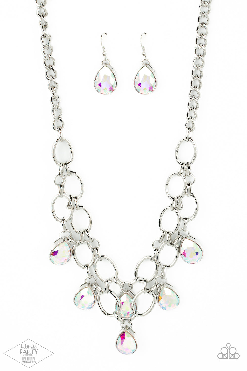 Joined by dainty silver links, two rows of dramatic silver chain layer below the collar in a fierce fashion. Iridescent teardrop gems drip from the glistening layers, adding a timeless shimmer to the show-stopping piece. Features an adjustable clasp closure.  Sold as one individual necklace. Includes one pair of matching earrings.   FANFAVORITE