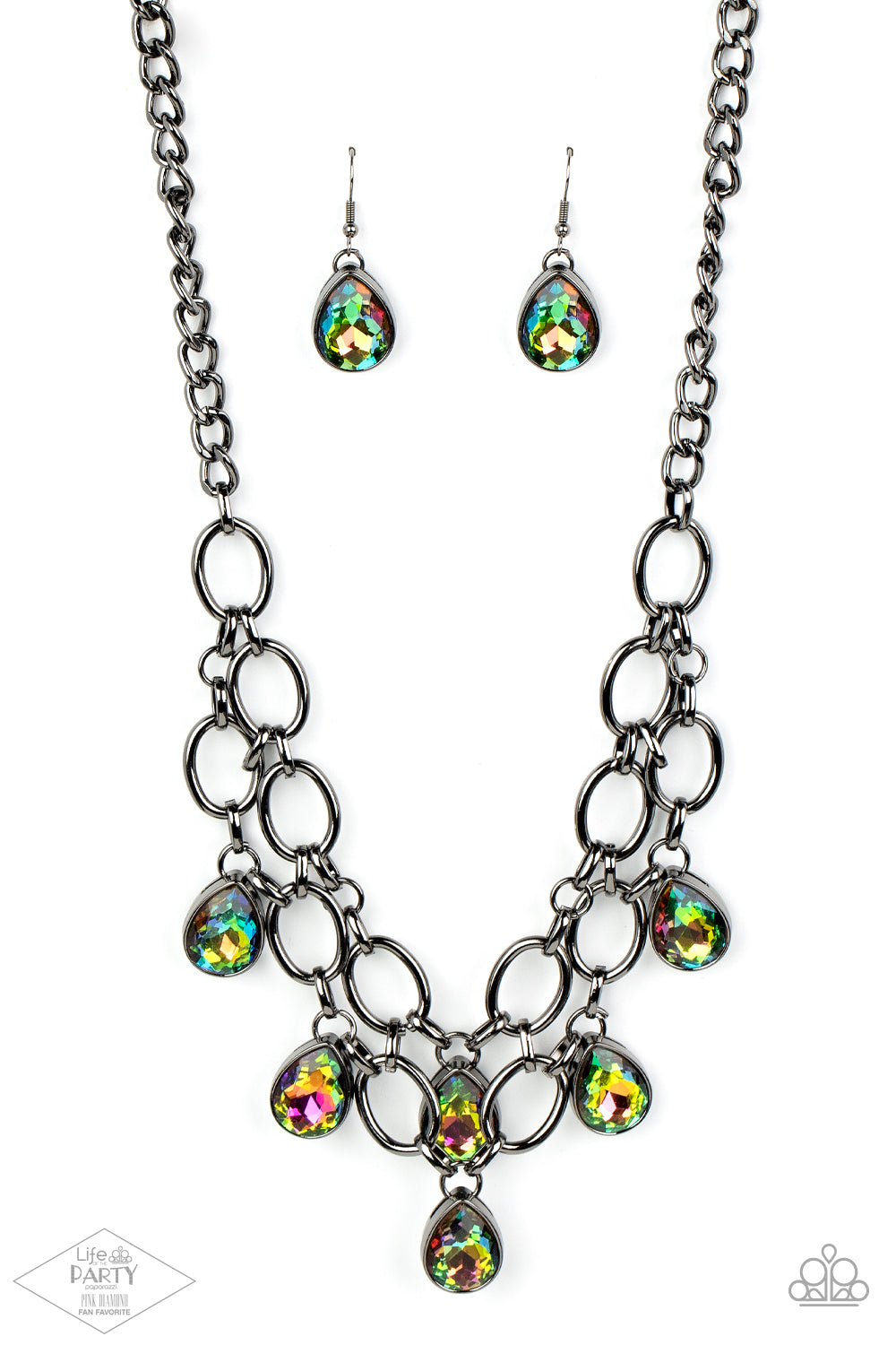 Joined by dainty gunmetal links, two rows of dramatic gunmetal chain layer below the collar in a fierce fashion. Oil spill teardrop gems drip from the glistening layers, adding a timeless shimmer to the show-stopping piece. Features an adjustable clasp closure.  Sold as one individual necklace. Includes one pair of matching earrings.   FANFAVORITE