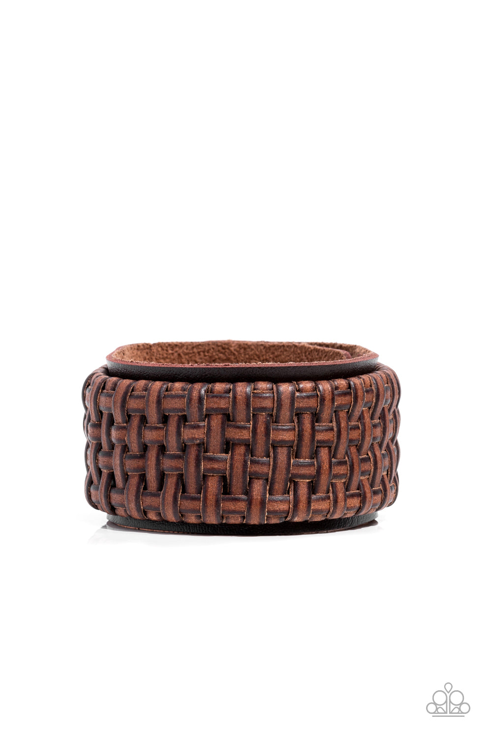 Distressed leather laces weave into a wicker-like pattern, creating a thick band of texture that wraps around a leather band. The textured overlay is studded in place across the front of the brown leather band, resulting in a rustic centerpiece. Features an adjustable snap closure.  Sold as one individual bracelet.