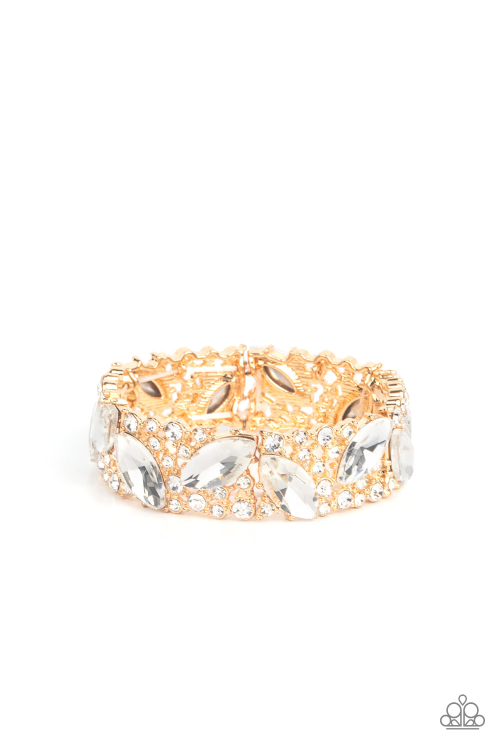 Oversized marquise cut white rhinestones sparkle atop icy frames of dainty gold studs and white rhinestones that are threaded along stretchy bands around the wrist for a jaw-dropping dazzle.  Sold as one individual bracelet.