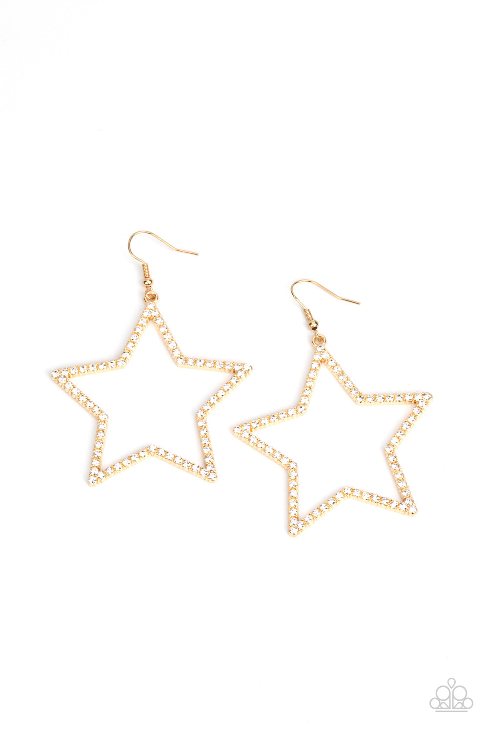 Sparkly white rhinestones adorn the front of an oversized gold star silhouette, sparking into a stellar centerpiece. Earring attaches to a standard fishhook fitting.  Sold as one pair of earrings.