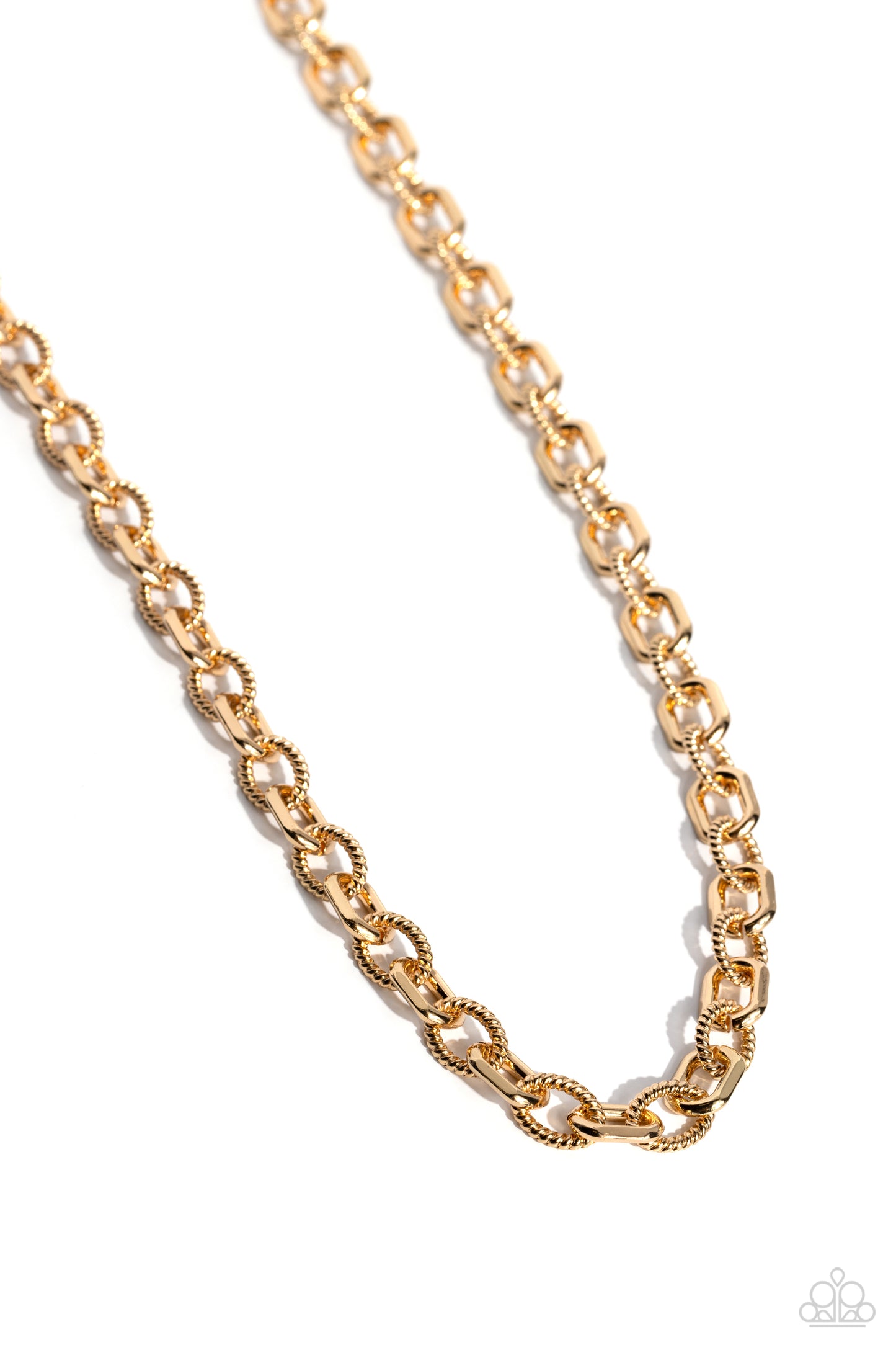 Textured gold hoops and angular oval gold links boldly connect across the chest, resulting in an intense industrial statement piece. Features an adjustable clasp closure.  Sold as one individual necklace.   Get The Complete Look! Bracelet: "Double Clutch - Gold" (Sold Separately)