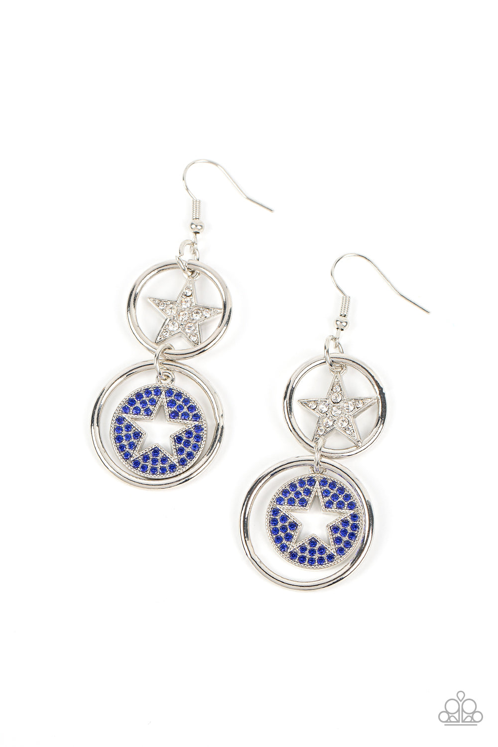 Two silver hoops link into a stacked lure. A white rhinestone encrusted silver star twinkles from the uppermost hoop, while a blue rhinestone dotted silver frame featuring an airy star cutout sparkles from the bottom for a stellar finish. Earring attaches to a standard fishhook fitting.  Sold as one pair of earrings.