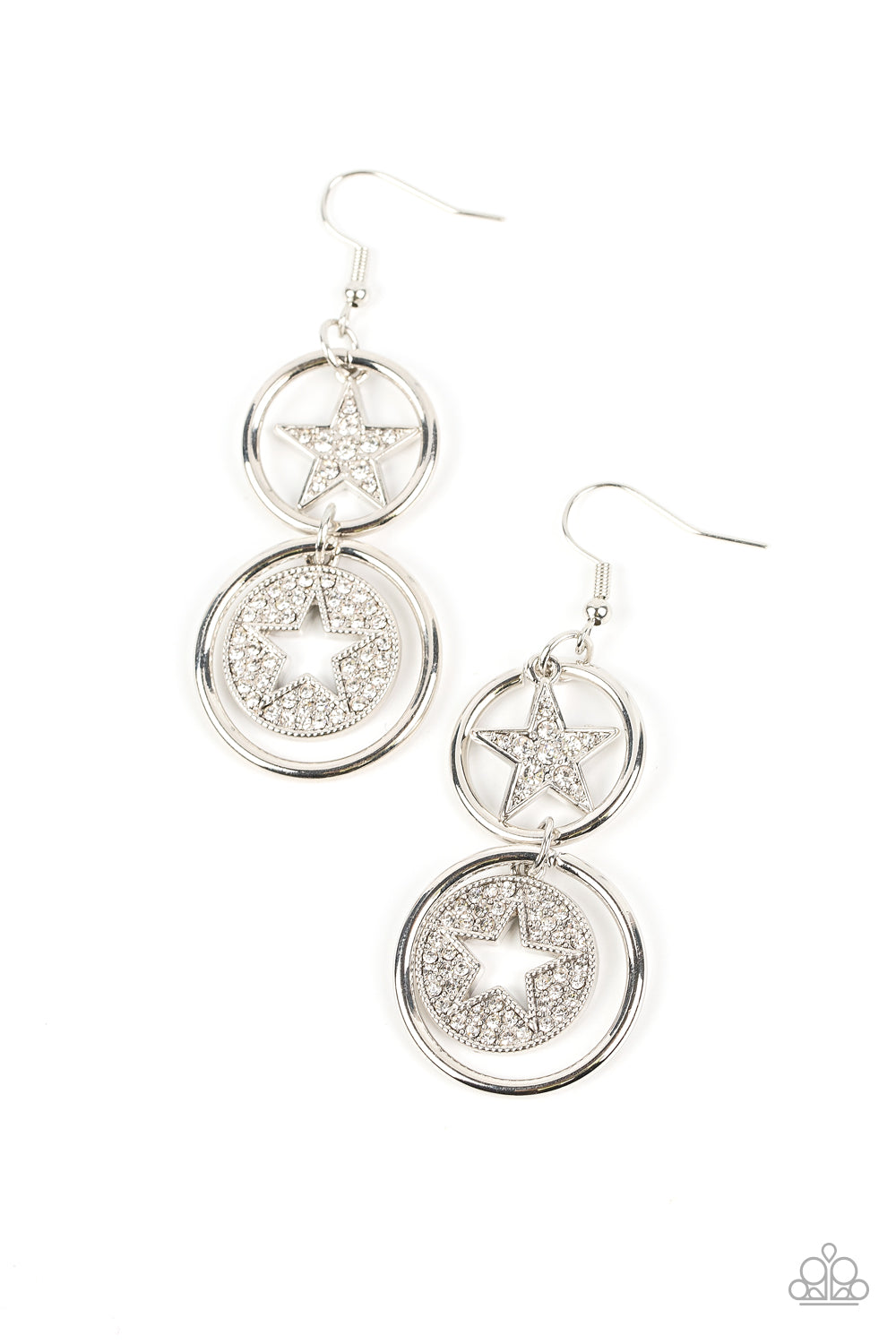 Two silver hoops link into a stacked lure. A white rhinestone encrusted silver star twinkles from the uppermost hoop, while a white rhinestone dotted silver frame featuring an airy star cutout sparkles from the bottom for a stellar finish. Earring attaches to a standard fishhook fitting.  Sold as one pair of earrings.