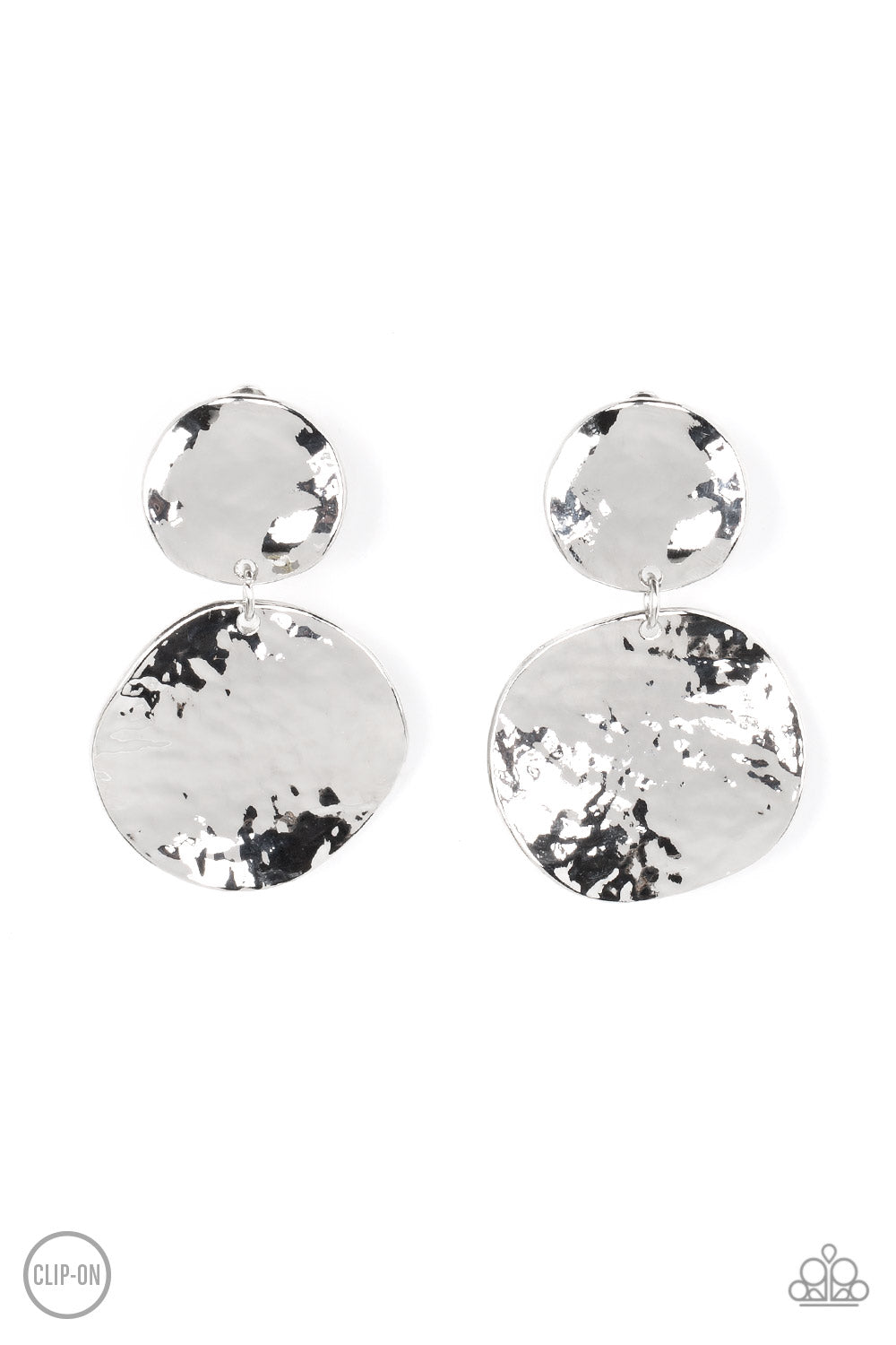 Hammered with high-sheen texture, warped silver discs delicately link into a bold monochromatic statement piece. Earring attaches to a standard clip-on fitting.  Sold as one pair of clip-on earrings.  Clip On Earring