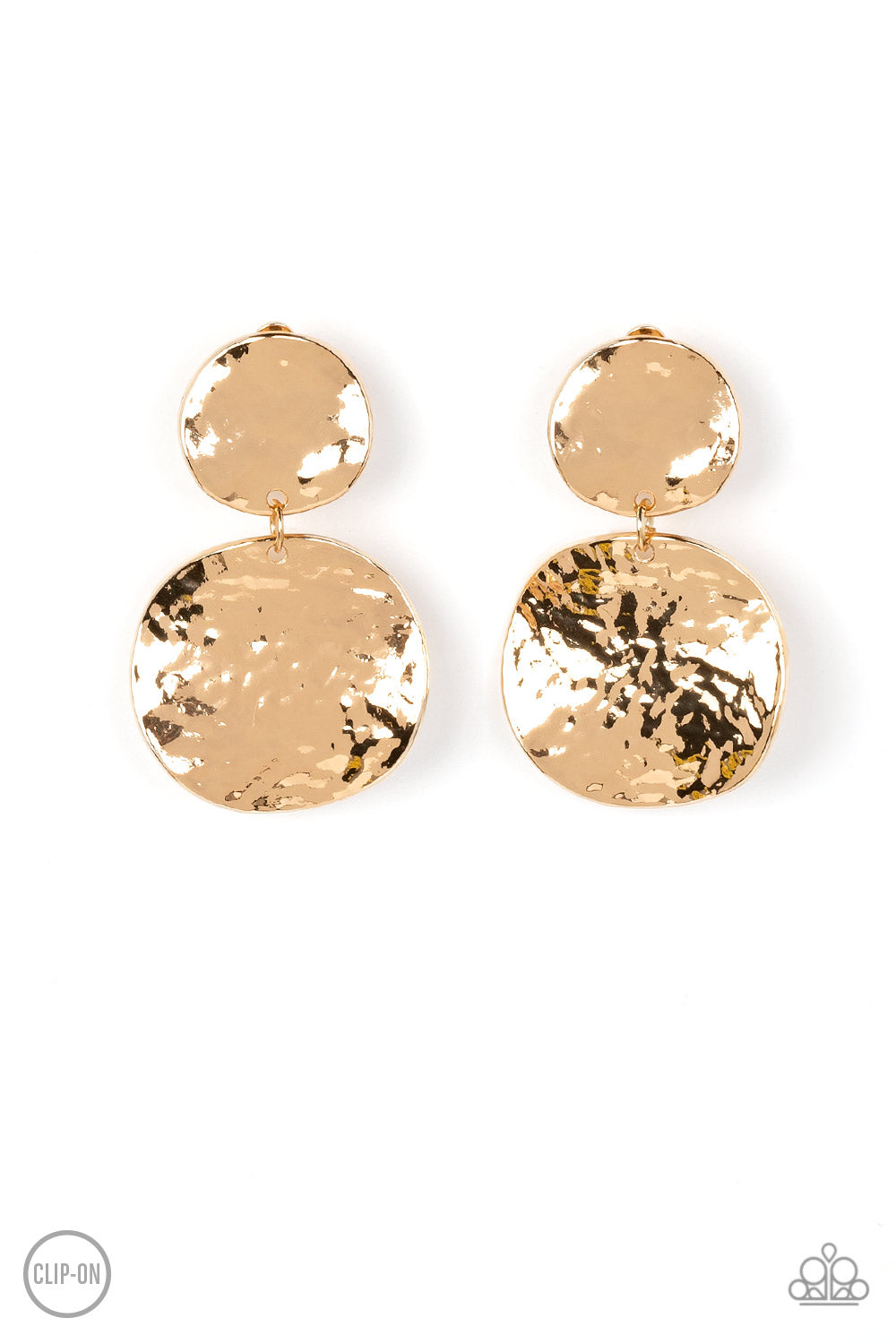 Hammered with high-sheen texture, warped gold discs delicately link into a bold monochromatic statement piece. Earring attaches to a standard clip-on fitting.  Sold as one pair of clip-on earrings.  Clip On Earring