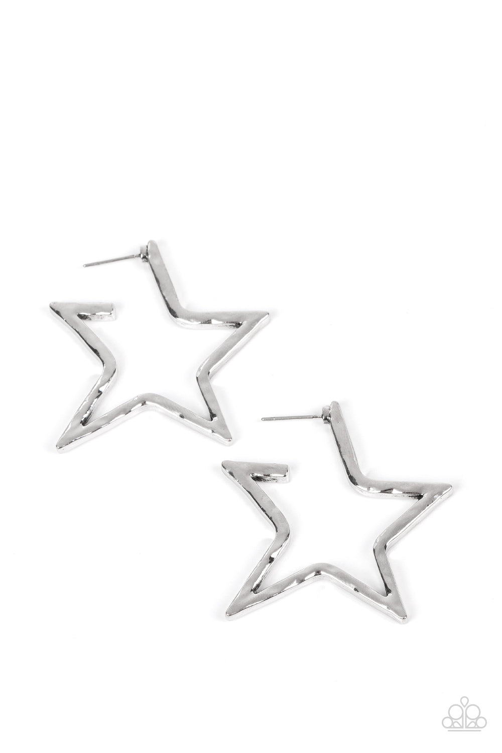 A hammered silver bar delicately folds into a star-shaped hoop, resulting in a stellar metallic shimmer. Earring attaches to a standard post fitting.  Sold as one pair of hoop earrings.