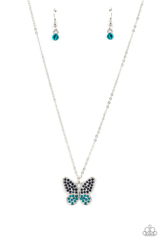 Dotted in Skydiver and Harbor Blue rhinestones, a whimsical silver butterfly flutters along a dainty silver chain below the collar for an enchanting fashion. Features an adjustable clasp closure.  Sold as one individual necklace. Includes one pair of matching earrings.