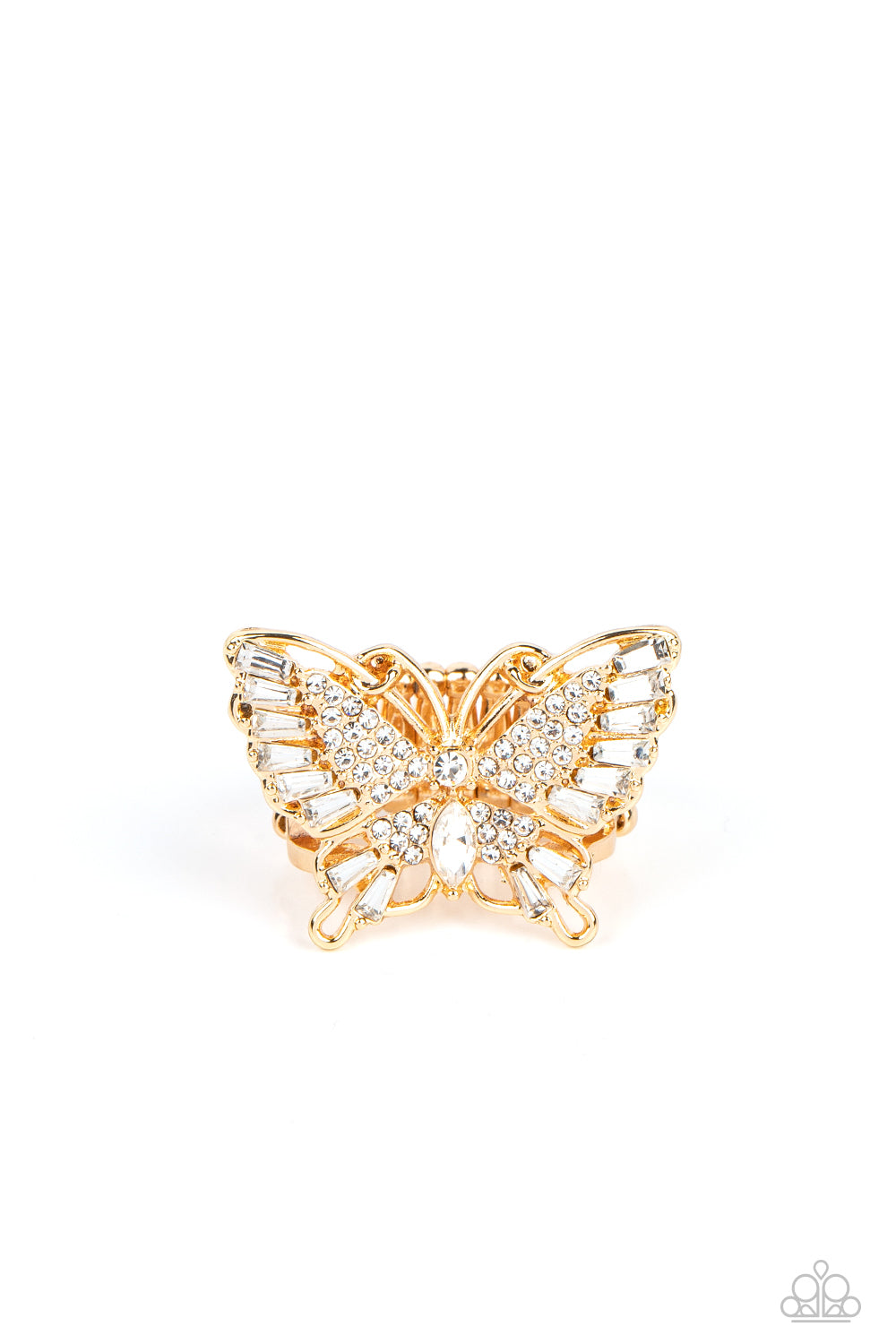 Sparkling with round, teardrop, and emerald cut white rhinestones, a gold butterfly fearlessly flutters atop the finger for a statement-making finish. Features a stretchy band for a flexible fit.  Sold as one individual ring.