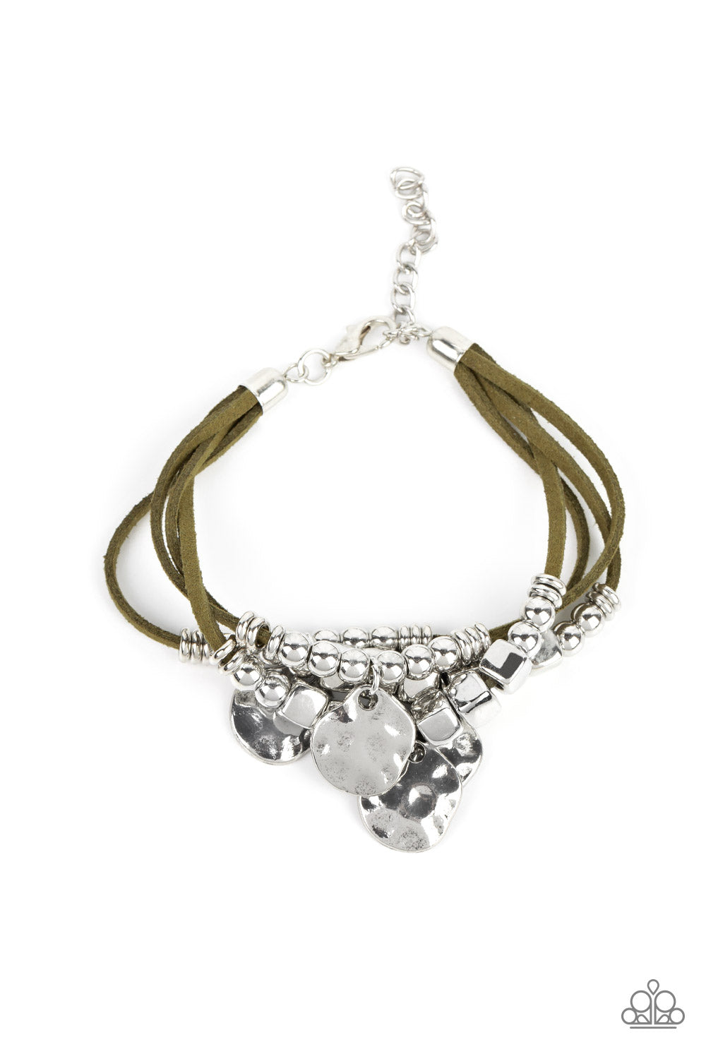 Asymmetrical, hammered silver discs swing from layers of Martini Olive suede that are adorned with silver discs, beads, and cubes, resulting in noisemaking shimmer around the wrist. Features an adjustable clasp closure.  Sold as one individual bracelet.