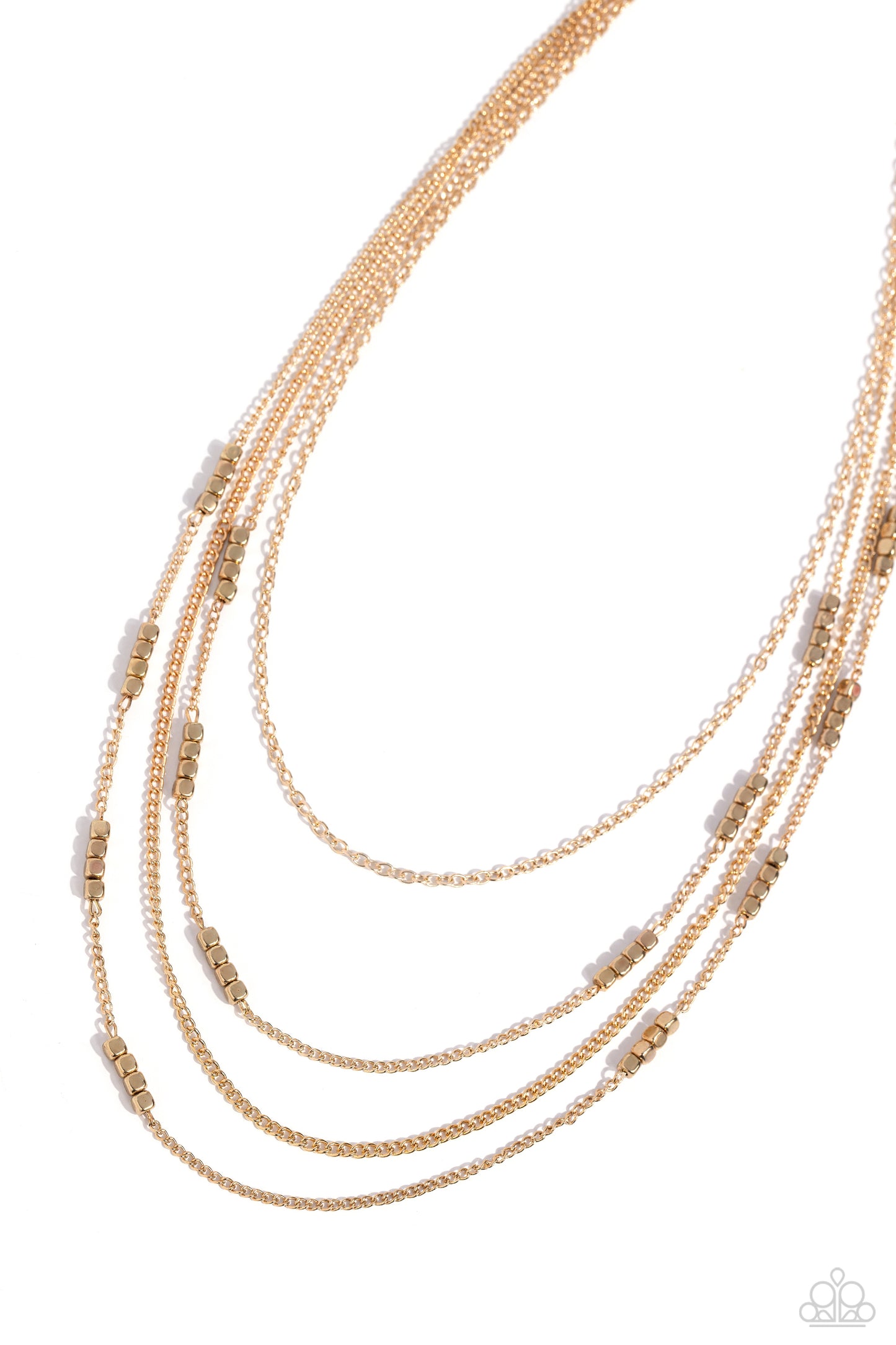 Glistening gold chains, sporadically infused with a quartet of gold beads link into fashionable layers below the neckline for a monochromatic medley. Features an adjustable clasp closure.  Sold as one individual necklace. Includes one pair of matching earrings.