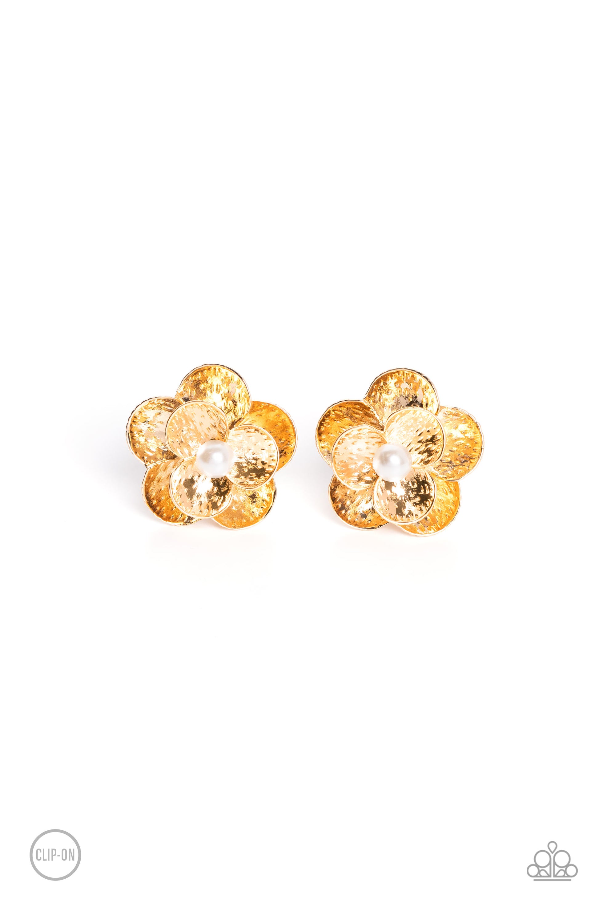 Flaring out from a white pearl center, gold flowers, featuring studded petals, grace the ear. An oversized gold flower, featuring the same studded design as the smaller flower, creates the 3D design and draws additional attention to the whimsical design. Earring attaches to a standard clip-on fitting.  Sold as one pair of clip-on earrings.  Clip On Earring