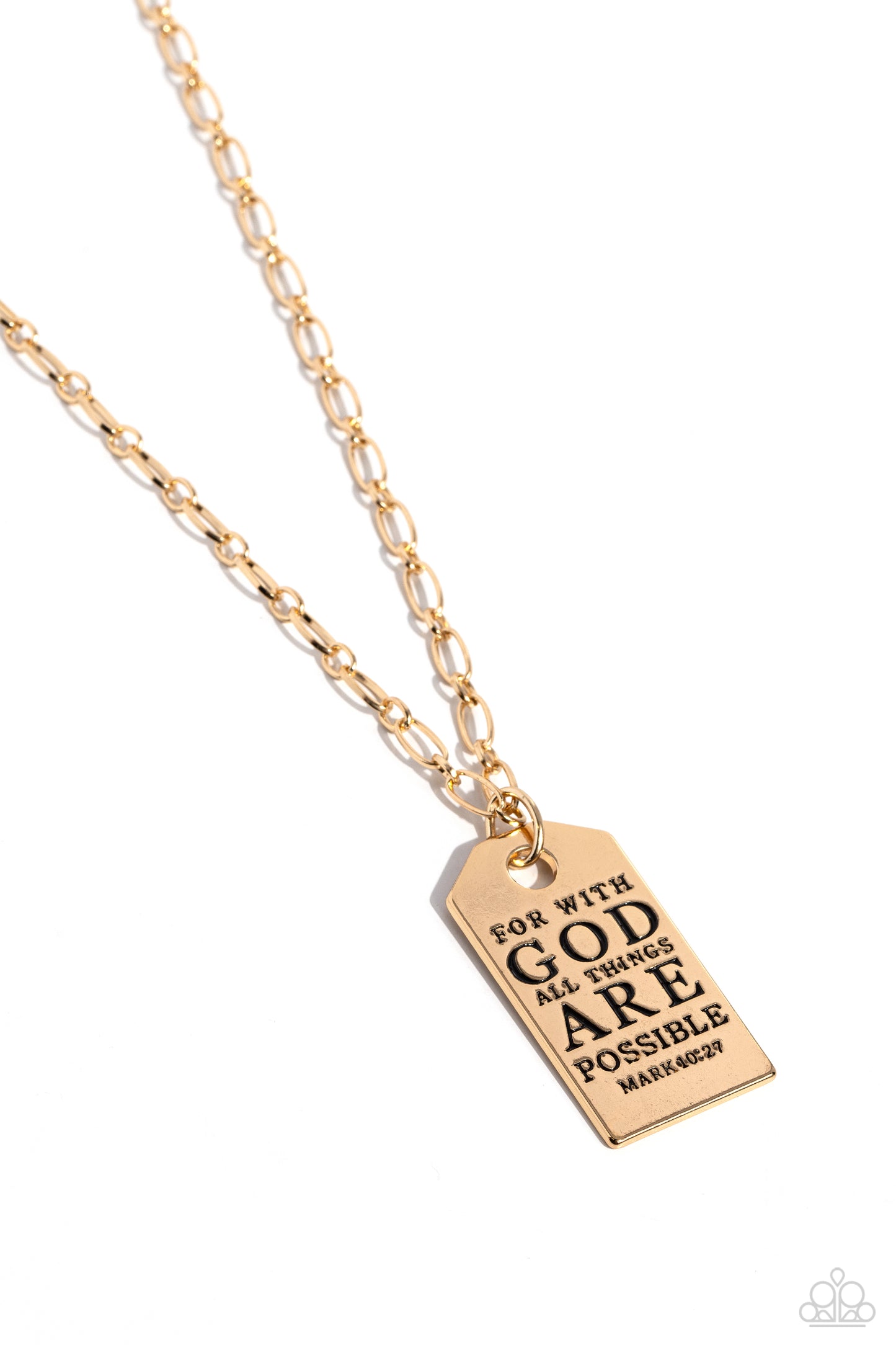 Dangling from simple golden links, a sleek gold hoop boosts a rounded rectangular plate. Stamped on the high-sheen gold pendant, the inspiring phrase "For with GOD all things ARE possible" is listed with the scripture reference "Mark 10:27" just below it in a more dainty font for a hopeful finish. Features an adjustable clasp closure.  Sold as one individual necklace. Includes one pair of matching earrings.