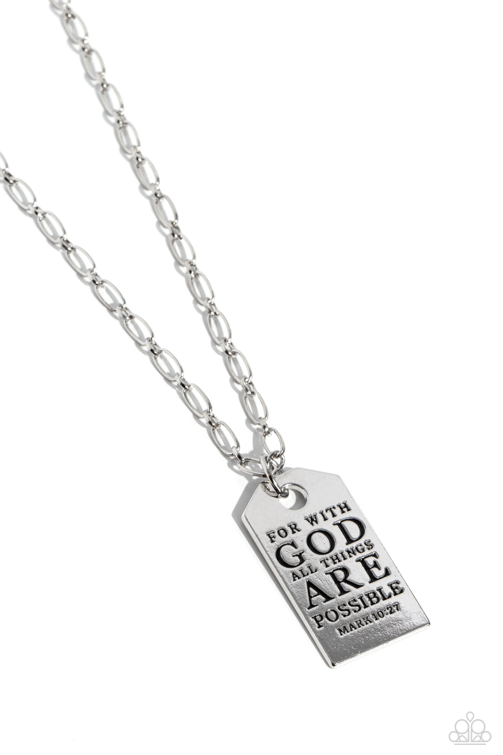 Dangling from simple silver links, a sleek silver hoop boosts a rounded rectangular plate. Stamped on the high-sheen silver pendant, the inspiring phrase "For with GOD all things ARE possible" is listed with the scripture reference "Mark 10:27" just below it in a more dainty font for a hopeful finish. Features an adjustable clasp closure.  Sold as one individual necklace. Includes one pair of matching earrings.