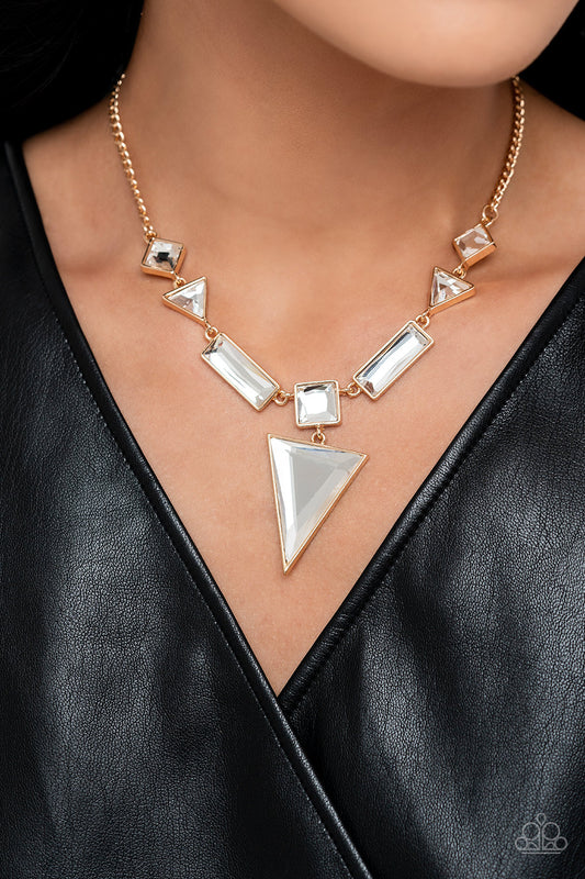 An array of glassy white gems are chiseled into geometric shapes and pressed into shimmery gold frames. The angular display falls to a dramatic point at the center, where a square-cut gem anchors an upside-down triangular pendant for a flawless finish. Features an adjustable clasp closure.  Sold as one individual necklace. Includes one pair of matching earrings.