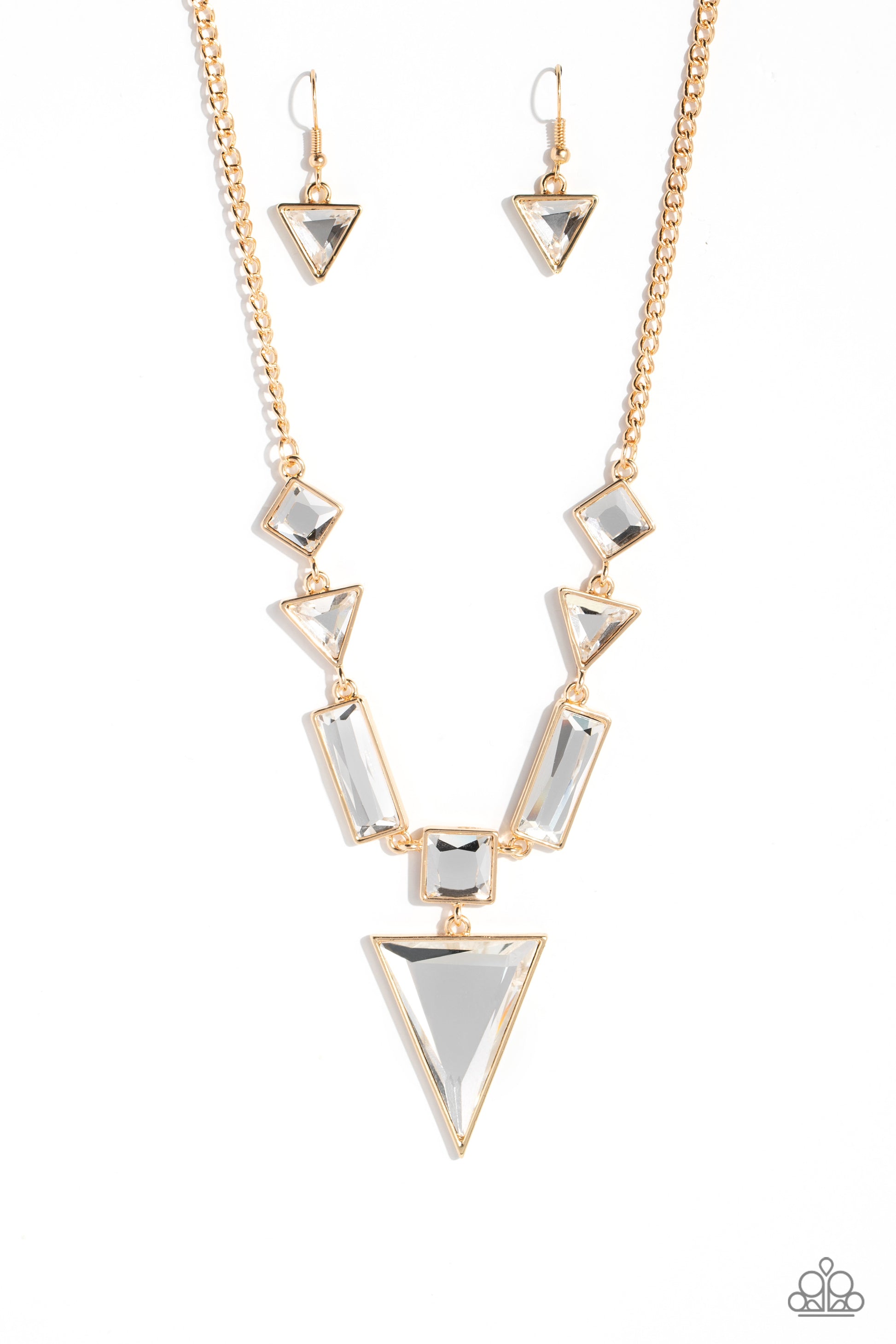An array of glassy white gems are chiseled into geometric shapes and pressed into shimmery gold frames. The angular display falls to a dramatic point at the center, where a square-cut gem anchors an upside-down triangular pendant for a flawless finish. Features an adjustable clasp closure.  Sold as one individual necklace. Includes one pair of matching earrings.