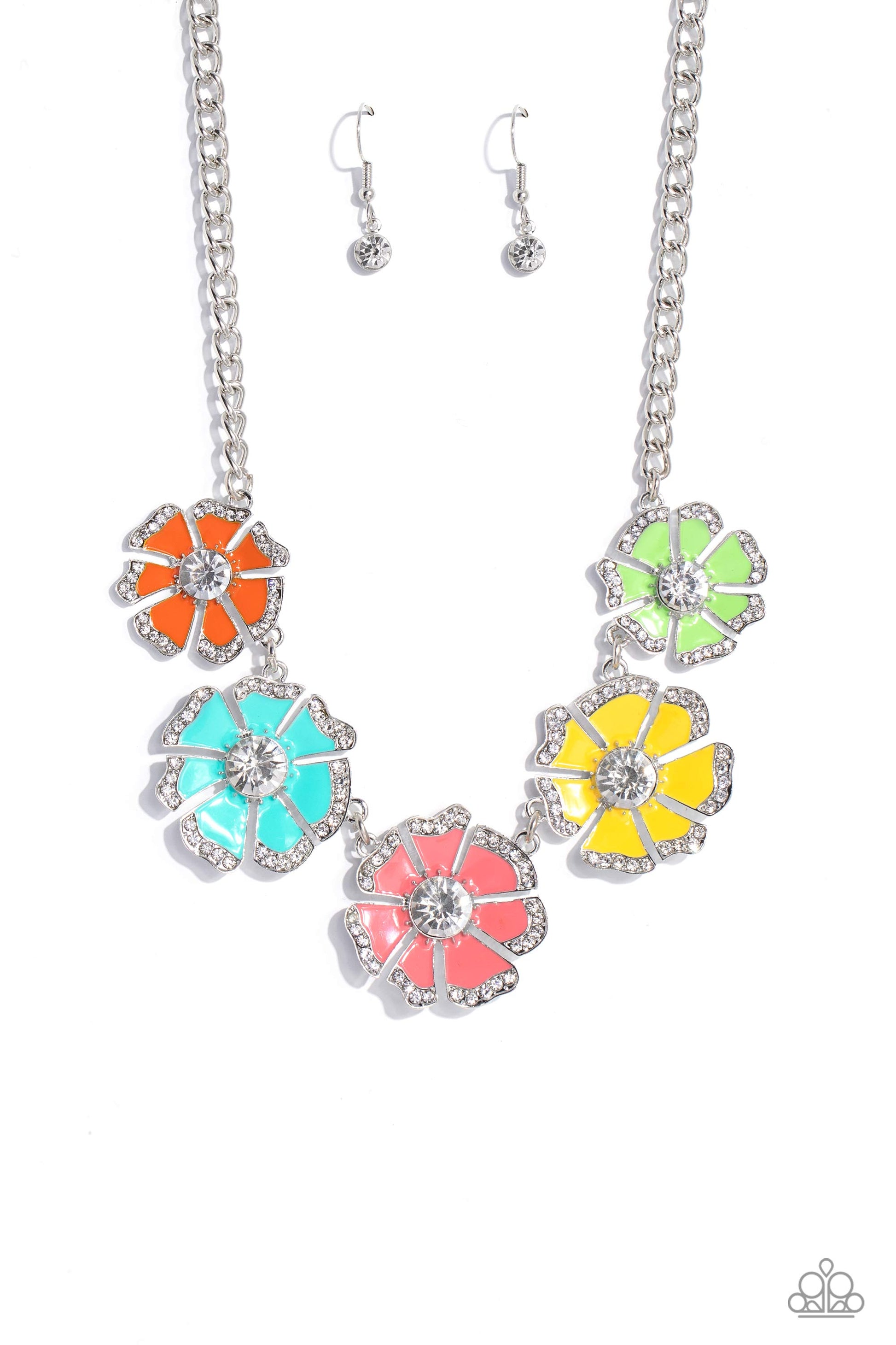 Dotted with dainty white rhinestone petal edges and white gem centers, a vibrant assortment of Burnt Coral, Samoan Sun, Orange Tiger, apple green, and tiffany blue flowers link below the collar for a playful pop of color. Features an adjustable clasp closure.  Sold as one individual necklace. Includes one pair of matching earrings.